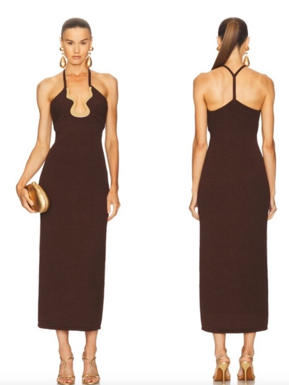 Cult Gaia Valma Halter Brown Dress with Gold Trim - Picture 11 of 11